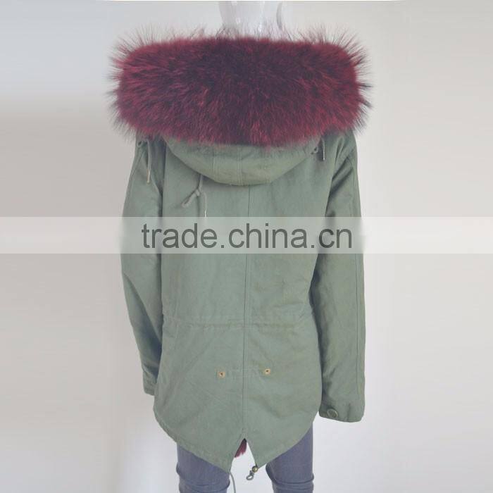 Myfur Latest Purplish Red Real Raccoon Fur Hood Faux Fur Lining Parka Wholesale