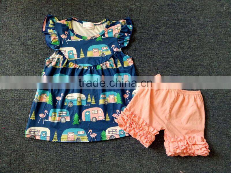 2017 Wholesale children's boutique clothing summer ruffle girl outfits wholesale icing ruffle shirt clothes sets