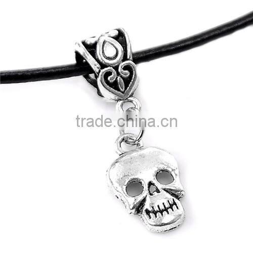Cowhide Leather Necklaces Antique Silver Halloween Skull With Lobster Clasp 43cm