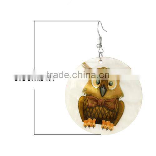 Silver Tone Hook Round Yellow Halloween Owl Fashion Shell Dangle Earrings 6.5cmx4.5cm
