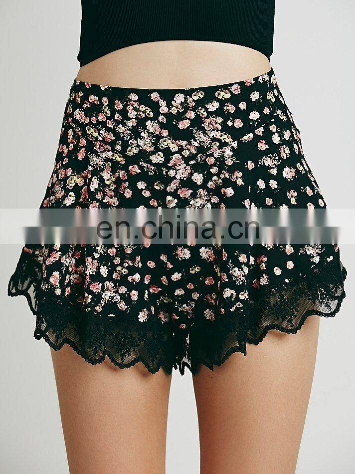 Women floral printed mini pattern scallop lace trim shorts 2016