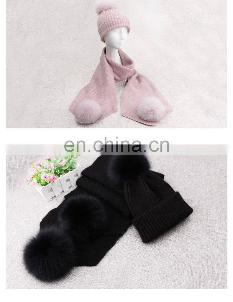 Winter Wool Knitted Beanies Scarf Fox Fur Pompom Knitted Hat Wool