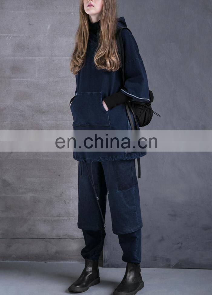 2017 Winter Women Loose Casual Drop Shoulder Indigo Blue Pullover Hoodie With Front Pocket
