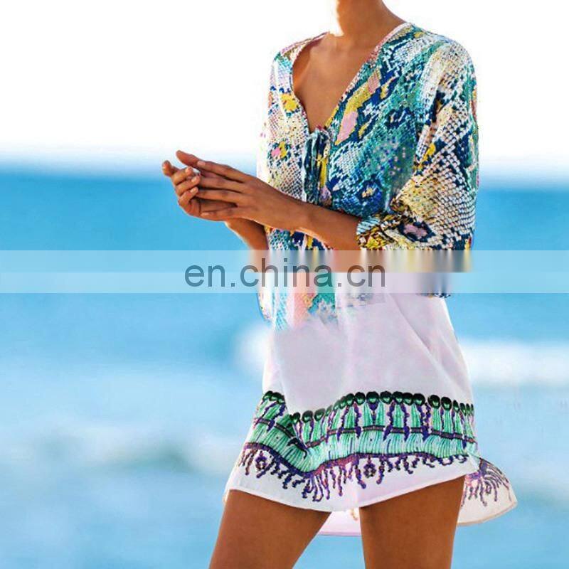 Bathing suit cover ups Kaftan Beach 2019 Beach tunic Beach Cover up Print Snake Robe de Plage Swimwear