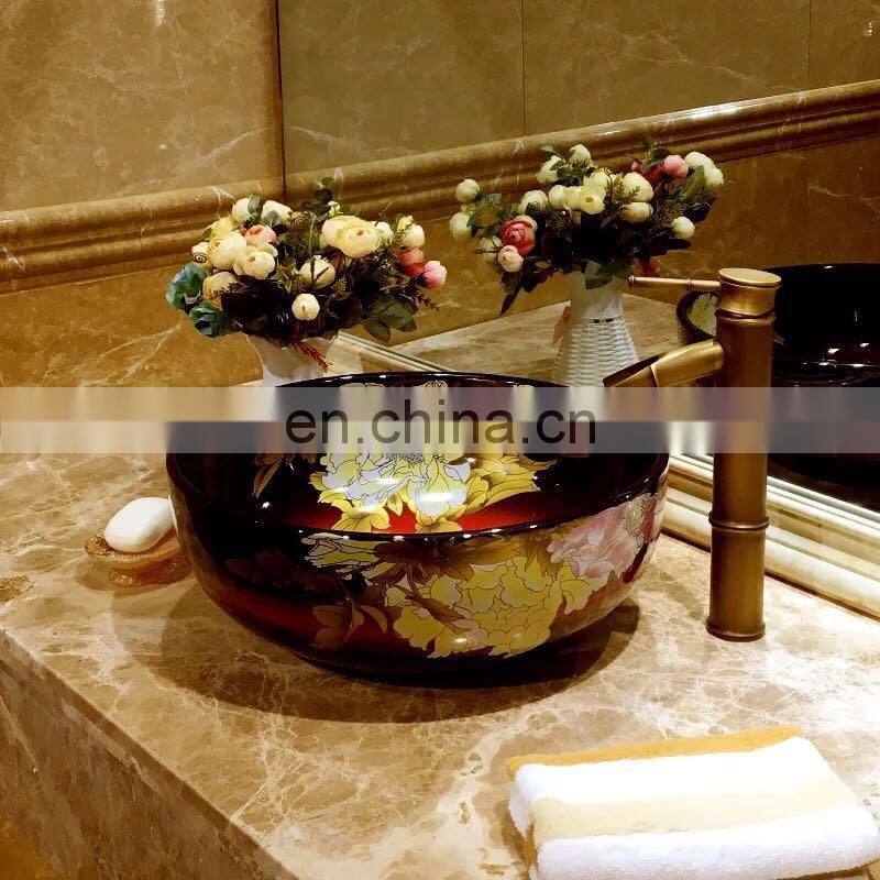 Hand painted big flower bathroom art ceramic porcelain hand wash face basin sink