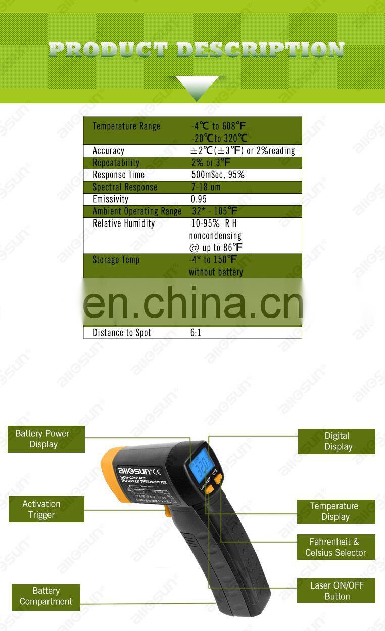 Allosun EM520A Non-Contact Laser Digital LCD IR Infrared Digital C/F Selection Surface Temperature Tester for industry