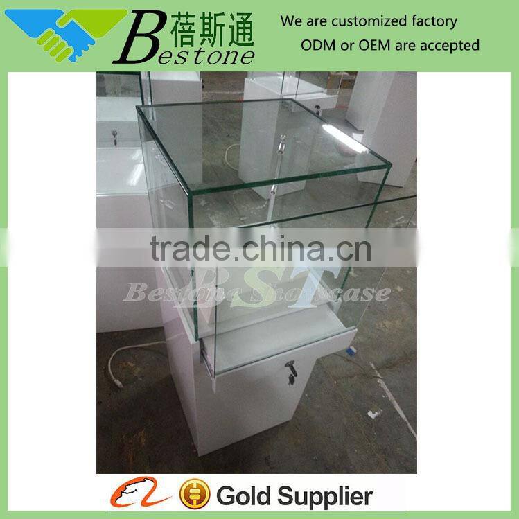 customized glass wooden jewellery display stand with sliding door