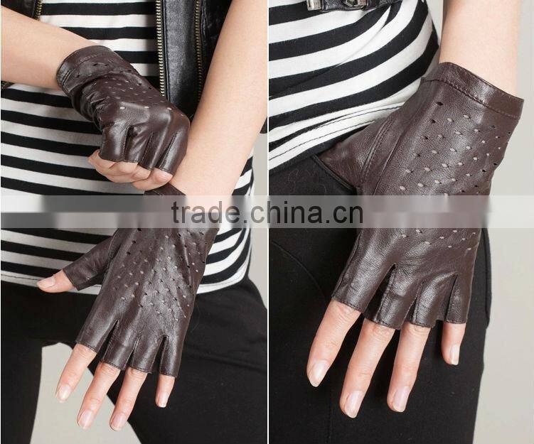 Ladies Urban fashion fingerless leather gloves with holes on the back