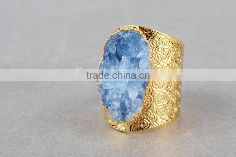 Golden hammered wide druzy ring cocktail ring adjustable band gemstone ring with stone