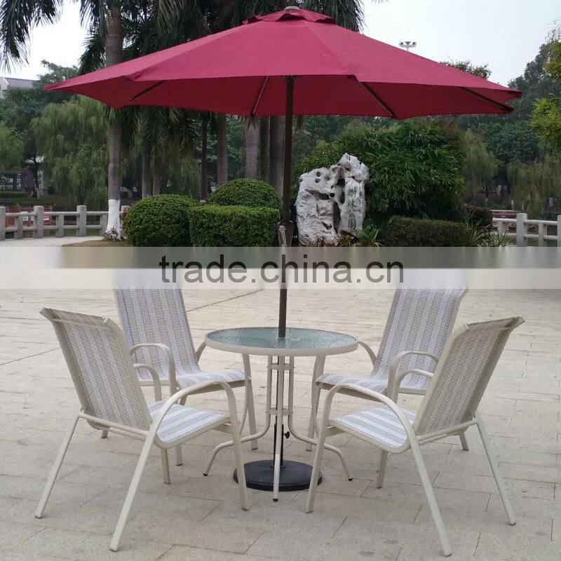 All Weather Proof Coffee Brown 5 piece Outdoor Garden Balcony Aluminum Sling Patio Furniture Round Glass Dining Table Chair Set