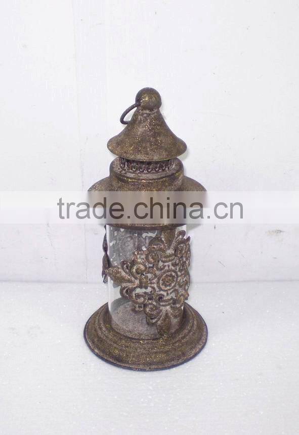 8009061J- metal candle lantern w/antique golden