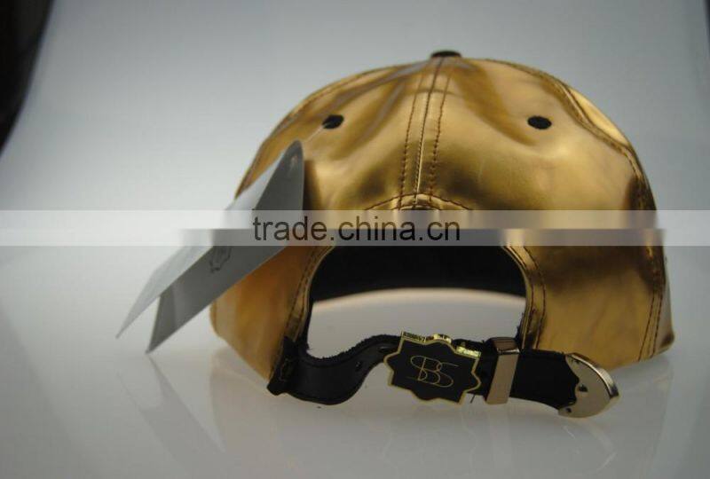 custom high quality gold leather metal plate leather strap baseball caps
