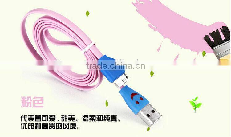 Cute Smile Face Colorful Flat Noodle Micro USB 3.0 Data Sync Charger Cable For Samsung Galaxy Note3/S5