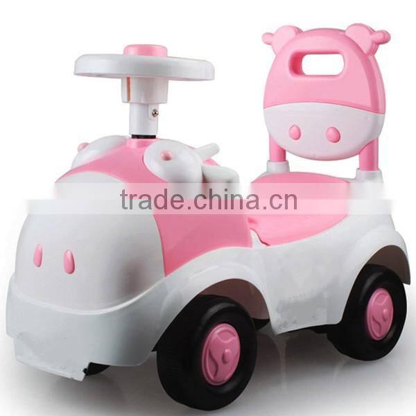 Hot sales CE approved children swing car,4 wheels cartoon cow children tricycle bicycle toys baby swing car with music