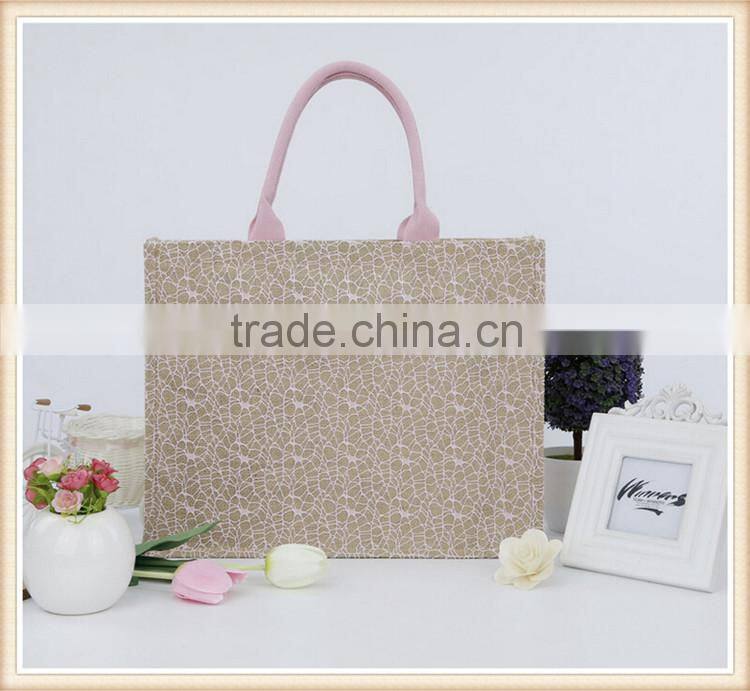 2015 new design jute shopping bag with lace cover
