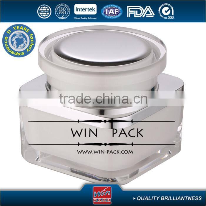 Square acrylic bottle with round cap, luxurious cream jar with aluminum shoulder and cap top