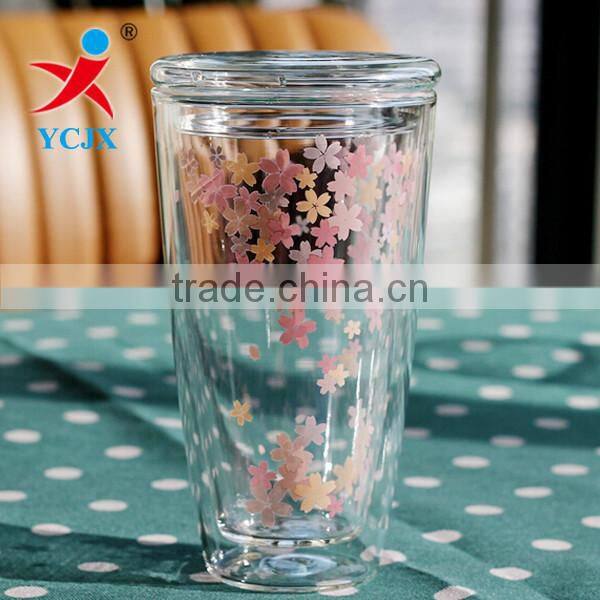 Clear Flower Double Layer Glass Milk Cup with Glass Lid