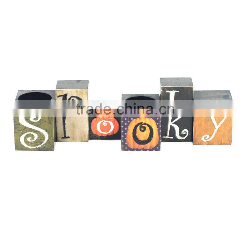 2017 Spooky wood carved pumpkin printing Halloween decorative wholesale candle holders