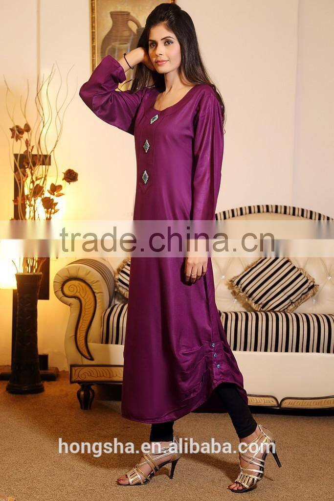 Pakistani Purple Kurti With Front Neck Diamante Buttons Designs HSd7078