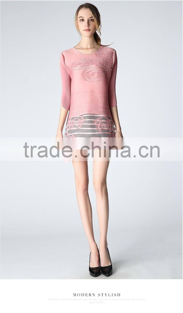 Woman pleat round neck flower splicing loose dresses wholesale