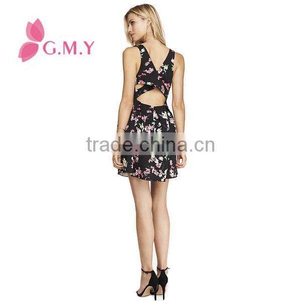 Latest design sexy cross back bandage dress floral fit celebrity backless casual dresses