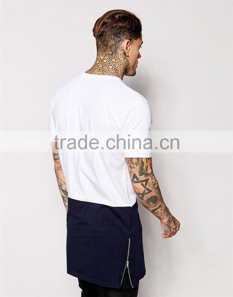 2015 Mens long tee shirt 100% cotton short sleeve long tee shirt with panelling and side zips