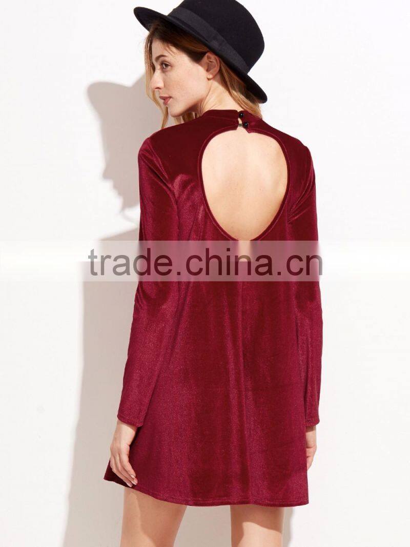 Red Velvet Backless Long Sleeve Shift Dress 100% Cotton Casual Sexy Back Hole Dress