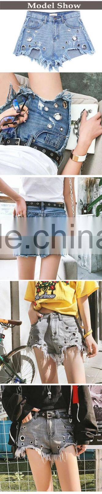 Latest design raw hem short denim jeans pants for women fashion ripped shorts with eyelets