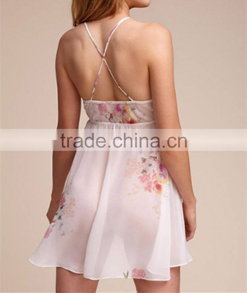 Customized hot sale female spaghetti strap Silk and satin printing nightdress fashion night dress 2018017