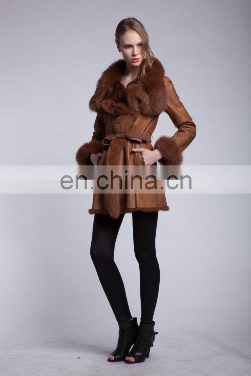 Luxury Fox Fur Trimmed Sheepskin Fur Garment Winter Fox Fur Hood Fur Jacket Bonjovi Original Design DOUBLE FACE Fur Coat