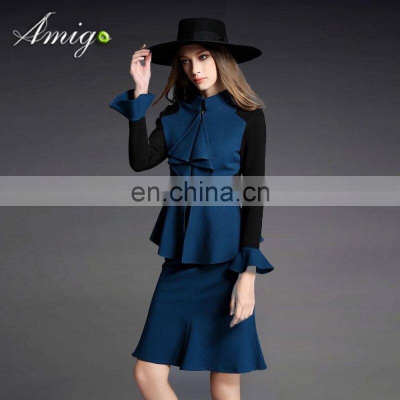2016 blue boutique two piece flouncing dress mature female dress set wholesale