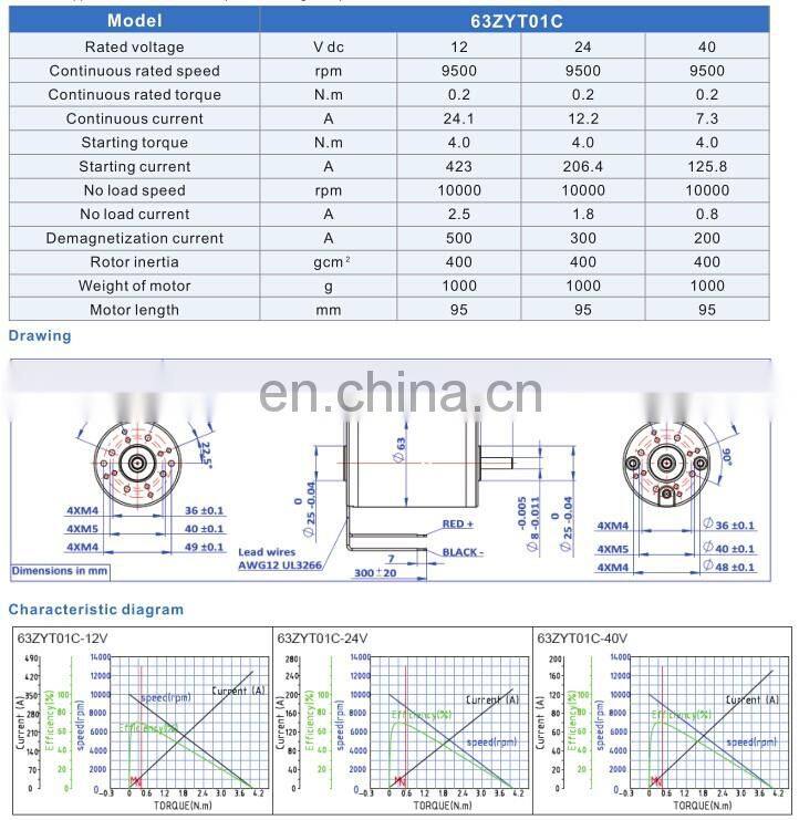 OD63mm high torque Permanent Magnet Brushed Dc Motor 12V 24V 36V 40V 48V 60v power 50w 100w 150w 200w