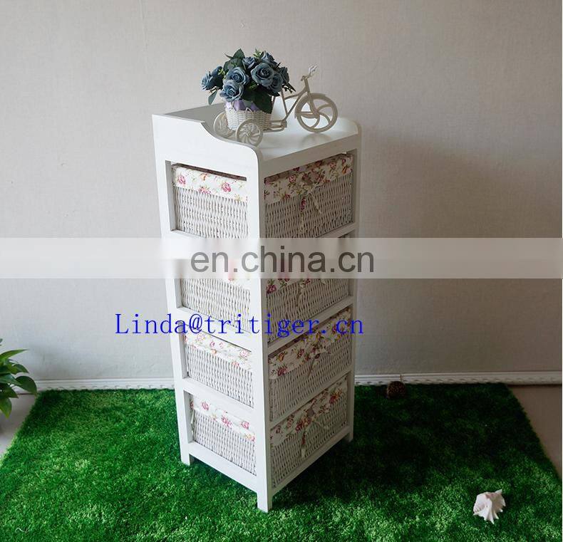 white home funiture solid wood storage cabinet with wicker drawers willow basket