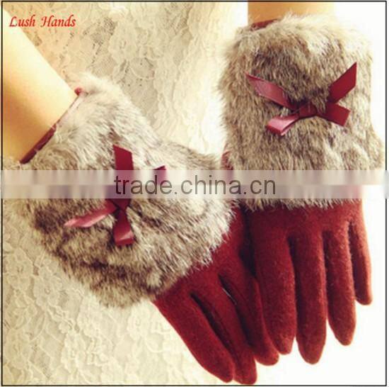 Hot selling ladies lovely woolen gloves with fur cuff