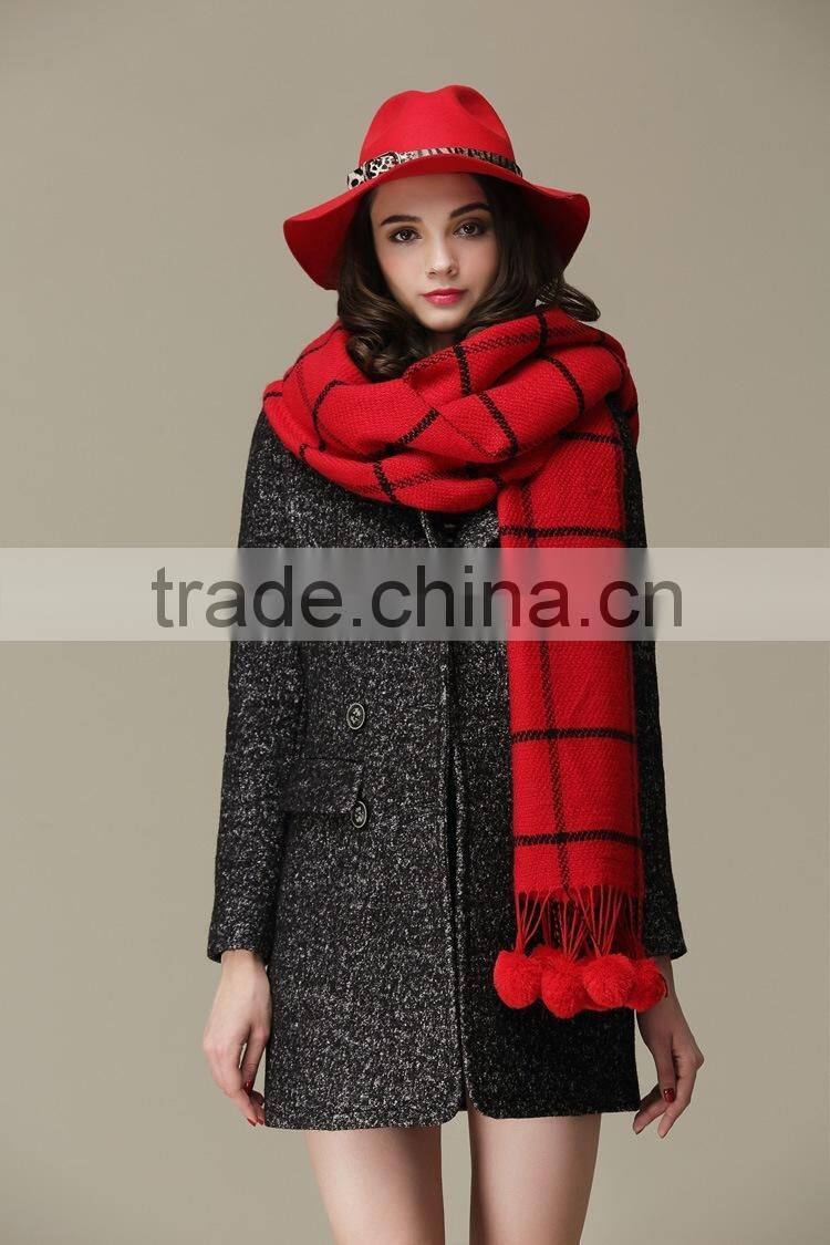 New Design Checked Plaid Acrylic Ball Fashion Ladies Winter Scarf