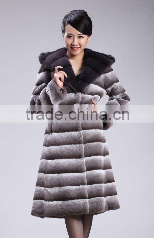 Grey mink hooded dyed rex rabbit fur coat