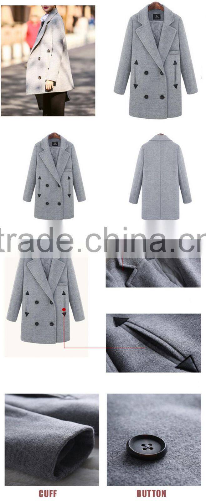 elegant long sleeve woman turn down collar plus size loose warm thick winter grey long coat and windcoat