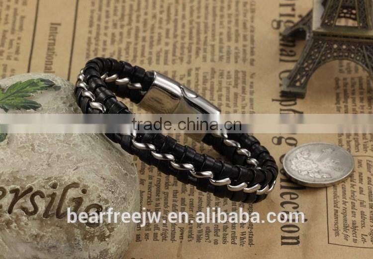 Men's Magnetic Buckle Stainless Steel Genuine Leather Rope Bracelet Braided Cuff Bangle Silver Black