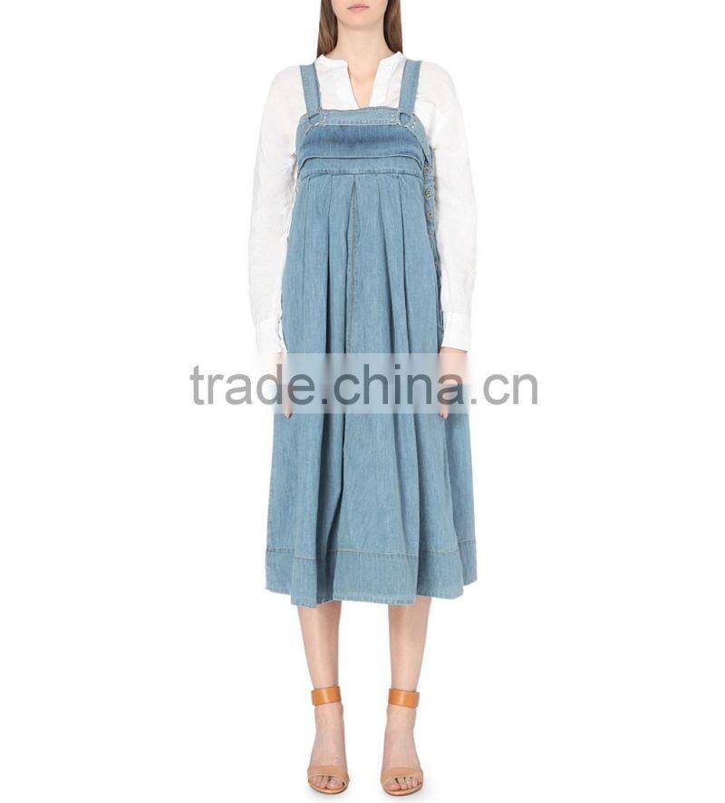 Square neck sleeveless box pleat detailing silver-toned hardware contrast stitching flared hemline women Denim Dress