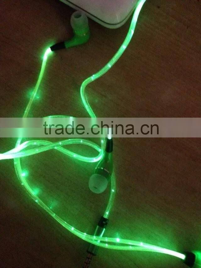 flat cable earphone with mic shiny earphone with led line
