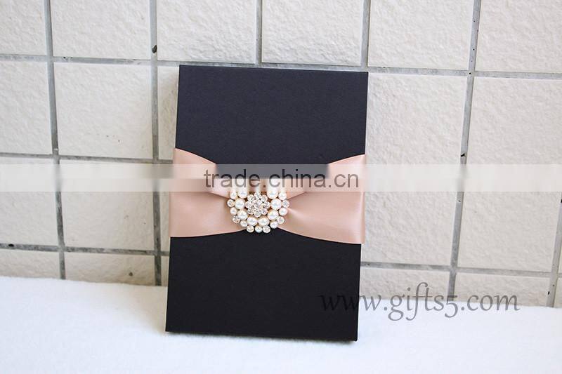 Black Color Silk Wedding Invitation Box With Crown Brooch Embellishment