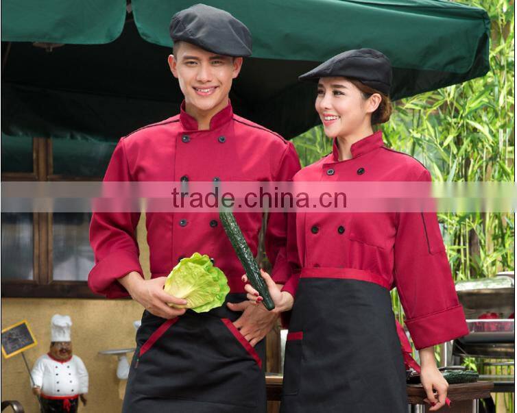 Custom made dark red shirt and black pant /apron Chef Uniforms restaurant waiter long sleeve work sets