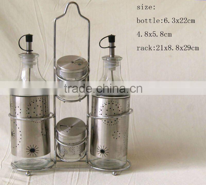 shining stainless steel coated glass cruet with metal rack