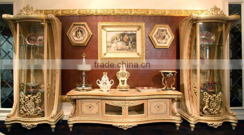 Luxury French Rococo Living Room Furnitur TV Cabinet Set/ Retro Vivid Hand Carved Solid Wood TV Cabinet & Display Cabinet