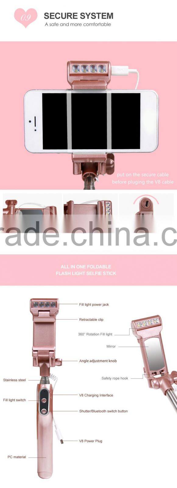 2016 RGKNSE rk-mini 4 all in one pen size foldable night using sync flash beauty wired selfie stick with led flash