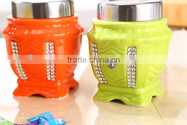 colour ceramic canister set with stainless metal stand