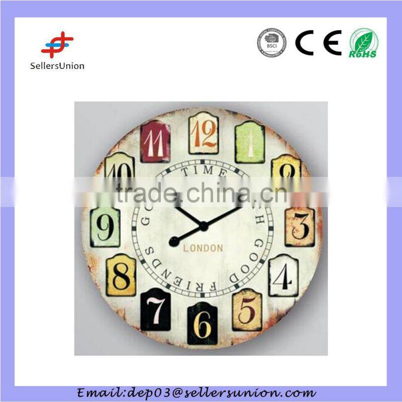 wooden wall clock with colorful numbers