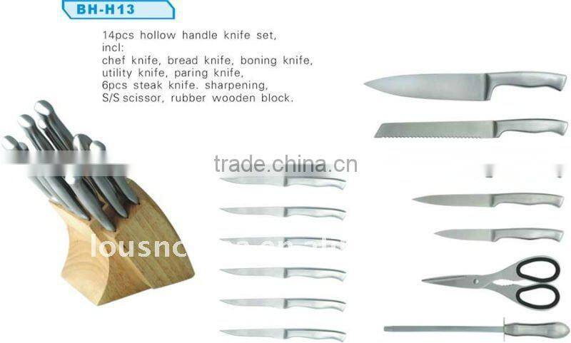 14pcs /set , hollow handle ,stainless steel kitchen knife set with block