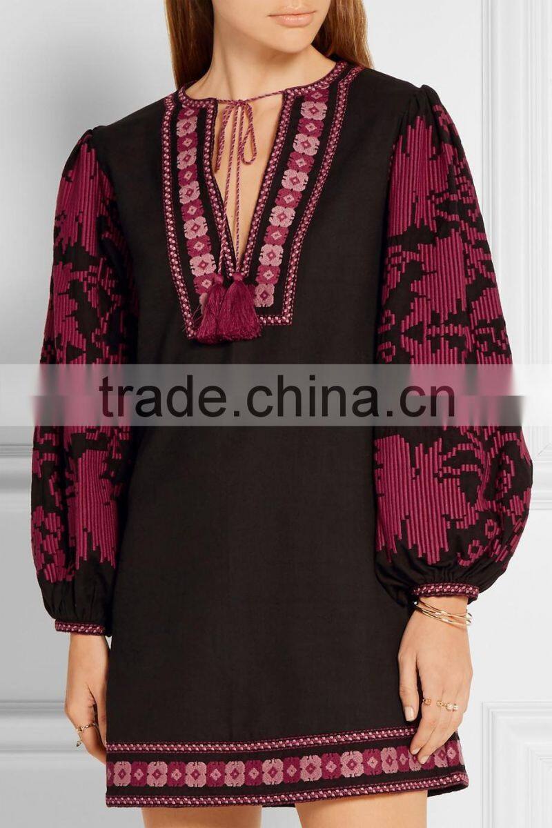 Ukrainian Boho Clothing Embroidered Cotton Mini Dress Machine Embroidery Intricate Plum Pattern And tasseled Ties 2016 HSD5690
