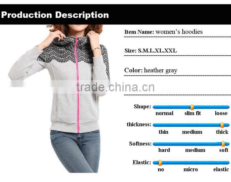 wholesale custom designs fashion sportswear zipper up women hoodies sweatshirt with lace decoration winter warm hoody